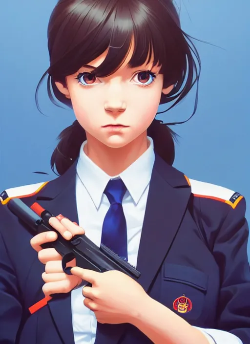 Image similar to movie, full body, cute, female, a pretty alluring girl wearing a school uniform and holding a sniper rifle, symmetry face, photoreal, realistic shaded lighting poster by ilya kuvshinov, katsuhiro otomo, kidmo!!!, trending on artstation, magali villeneuve, artgerm, jeremy lipkin and michael garmash