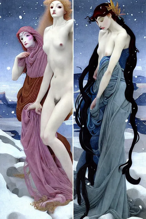 Image similar to 3 Winter Deities, (one representing each month of December, January, and February), in a style blending Æon Flux, Peter Chung, Botticelli, Ivan Bolivian, and John Singer Sargent, inspired by pre-raphaelite paintings, shoujo manga, and cool Japanese street fashion, dramatic moody cold landscape, dark and muted colors, hyper detailed, super fine inking lines, ethereal atmosphere, ghost, 4K extremely photorealistic, Arnold render