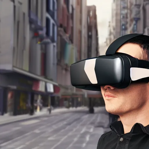 Image similar to Super hero wearing a virtual reality headset in big city, render, ray tracing