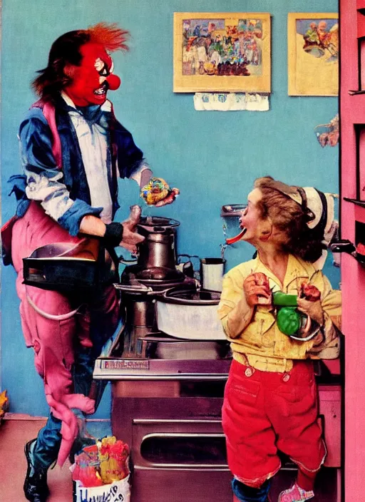 Image similar to dennis hopper screaming about the candy coloured clown in a kitchen, painted by norman rockwell and tom lovell and frank schoonover, pink and blue