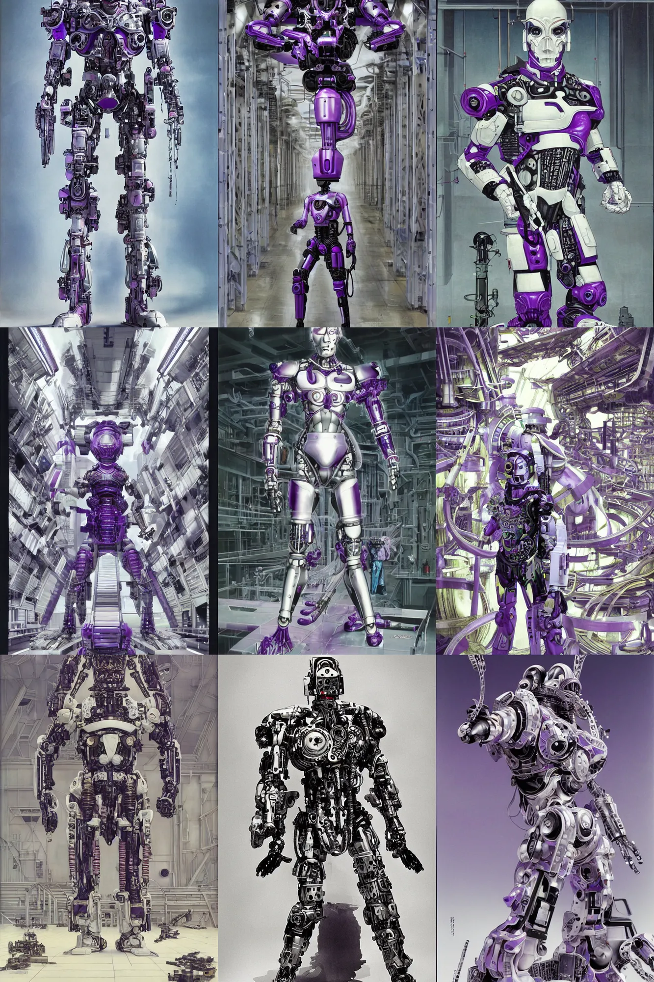 Prompt: cyborg with white purple and black ancestral ornate japanese tactical gear standing in a futuristic factory, long shot, by irving penn and storm thorgerson, ren heng, peter elson, alvar aalto, makoto shinkai