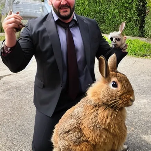 Image similar to keanue reeves posing with a rabbit wearing a john wick costume