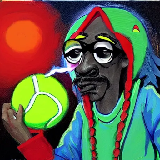 Image similar to snoop dogg tennis ball monster ,tennis ball, digital art, smoke, fantasy,chalk, magic, trending on artstation, ultra detailed, professional illustration by Basil Gogos