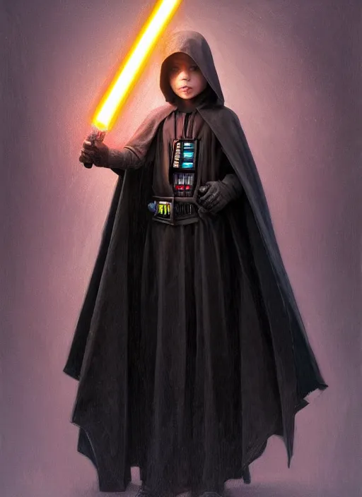 Image similar to perfectly - centered - portrait of a kid wearing black cloak holding light saber, intricate, highly detailed, digital painting, artstation, concept art, smooth, sharp focus, illustration, unreal engine 5, 8 k, art by artgerm and greg rutkowski and alphonse mucha and sam spratt