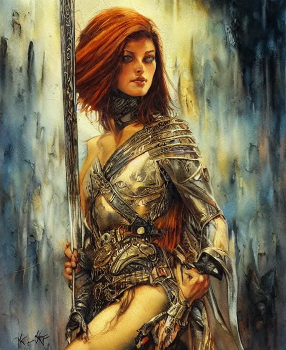 Image similar to a beautiful young medieval warrior, by karol bak, fine art, watercolor