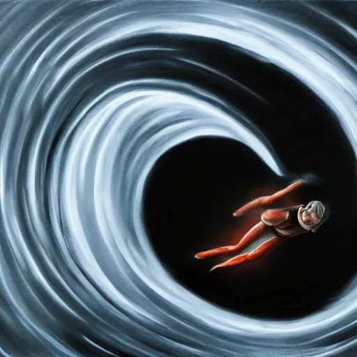 Prompt: man falling in a black hole, oil painting, pale colors, high detail, 8 k, wide angle, trending on artstation,