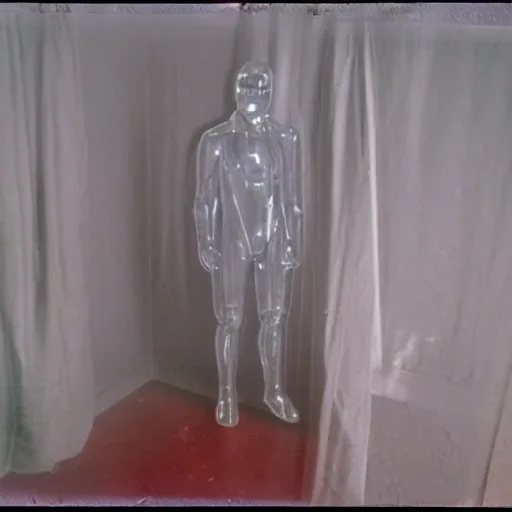 Prompt: coloured atmospheric polaroid 1 9 9 8 photo of a realistic wraith translucent transparent figure in a interior of living room low light