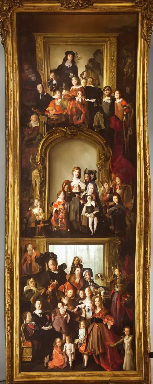 Image similar to oil paint of family portrait in the main room of the castle, dark room, one point of light trough a big window. baroque style 1 6 5 0, high details on clothes, realistic faces and expressions