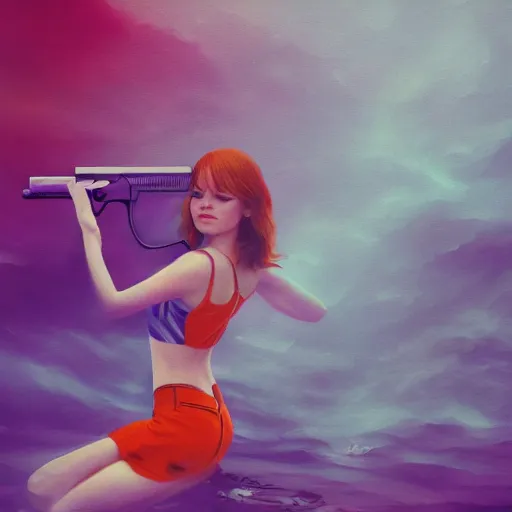 Prompt: Emma Stone with gun swimming in chromatic distortions in misty mysterious place, beautiful, psychedelic, lsd, trending on artstation, omnious, soft, artwork by Tran, Ross