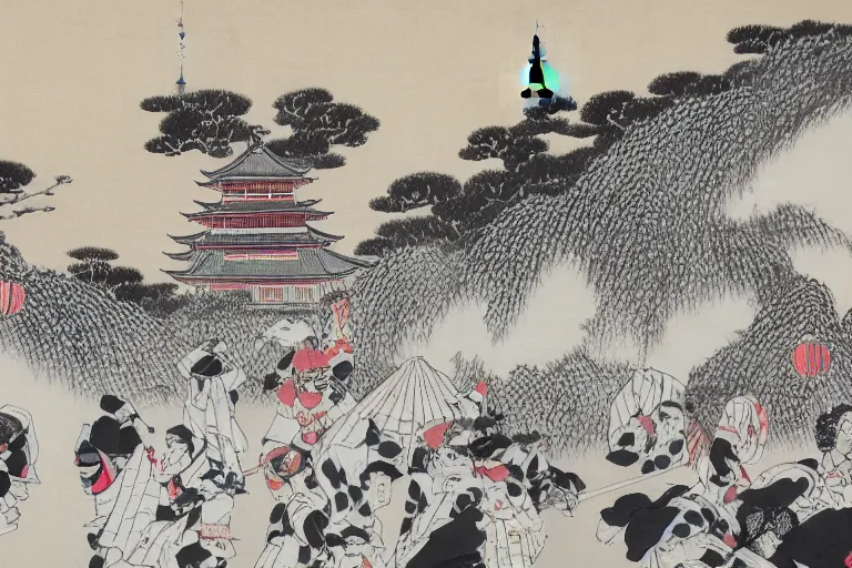 Prompt: black and white japanese painting of a circus, lots of clowns, flat, extremely detailed, water color and ink, painted by hokusai, 4 k,