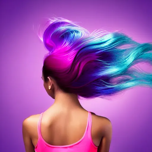 Image similar to a award winning full body shot of a beautiful woman in a croptop with a ombre purple pink teal hairstyle with head in motion and hair flying, outrun, vaporware, vivid colors, highly detailed, fine detail, intricate