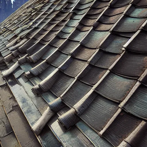 Image similar to tile roofs, and simple, peaked wooden roofs, every structure blackened to some degree by a patina of soot. structures darkest at the top, where the ash gathered, but rainwaters and evening condensations had carried the stains over ledges and down walls in an uneven gradient. trending on artstation, hearthstone