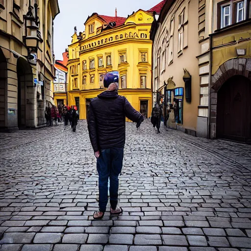 Image similar to a hungover man in Prague, 4K photograph, professional photograph, extremely detailed