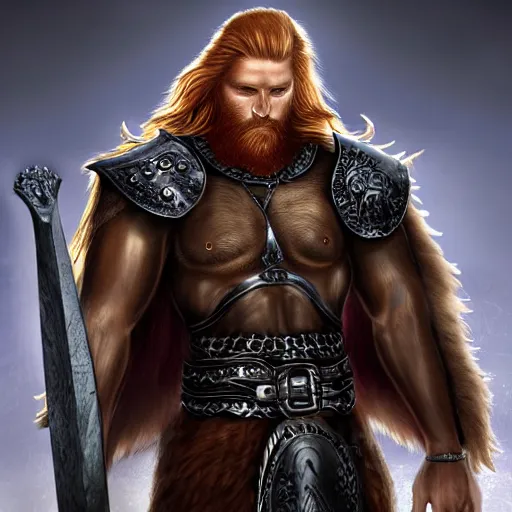 Image similar to ginger viking with flowing long wavy hair in leather and metal armor, bare chest, very pale, very hairy, very muscular, very tall, full body picture, fantasy, dungeons and dragons, detailed digital art, 4 k