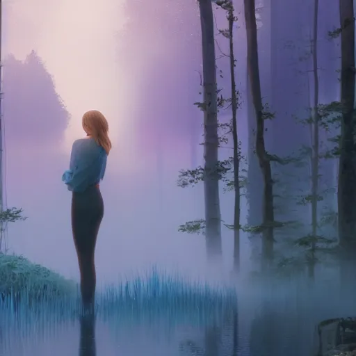 Prompt: taylor swift holding her hand out for you, long hair with bangs, Crystal clear blue eyes, wide-shot, beautiful fog lit forest backround, oil colors, watery lake, elegant, sharp focus, cute face, Hyper-realistic, Highly Detailed, HD, Dramatic Lighting by Brom, by beeple, studio ghibli, wallpaper, highly detailed, trending on artstation