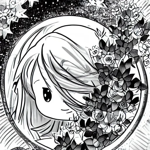 Prompt: a girl sleeping in the moon, anime style, black and white, bloom