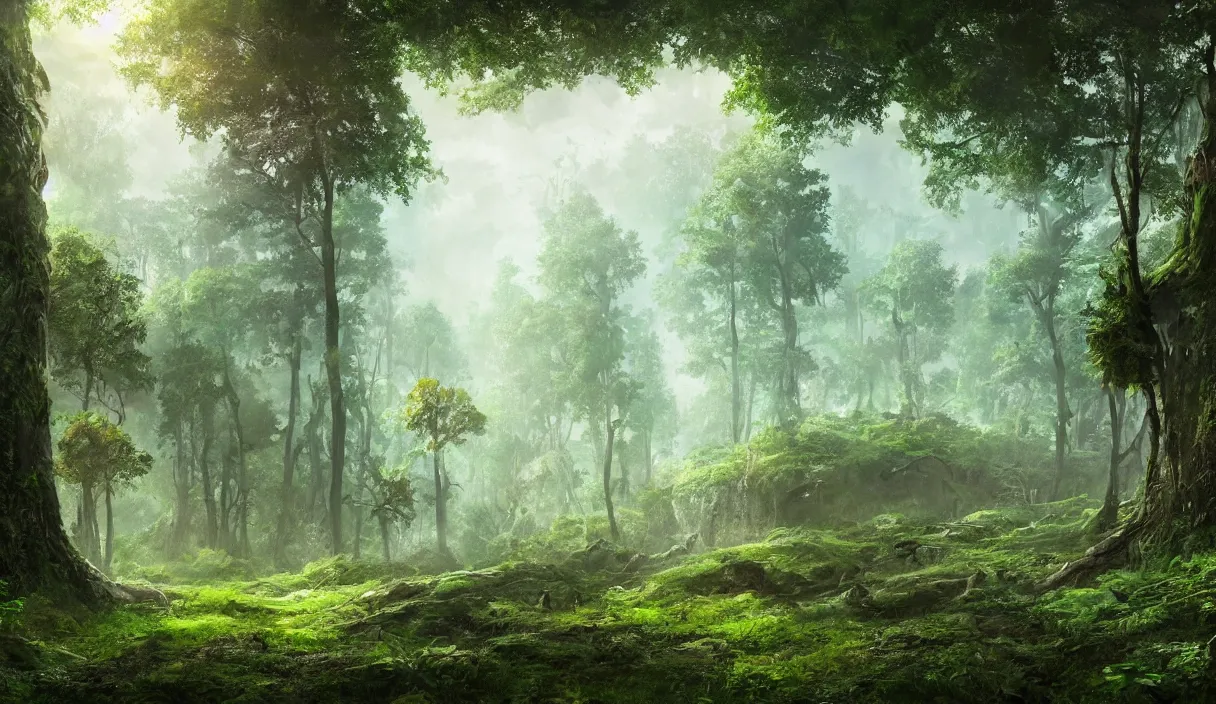 Image similar to a clearing in the forest, sharp focus, matte painting, illustration, concept art, ancient city covered in foliage