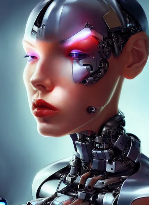 Image similar to portrait of a cyborg woman who turns her head to the (((((right))))) (((((left))))) by Artgerm,eyes closed , biomechanical, hyper detailled, trending on artstation