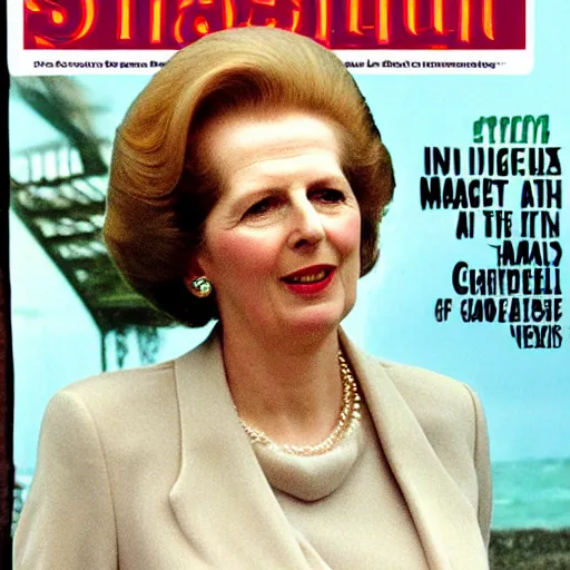 Prompt: margaret thatcher in rain on the cover of swimsuit illustrated