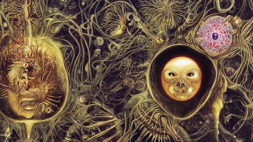 Image similar to a beautiful dreamy painting of a coronavirus inside a high-resolution television screen, smiling alien, face, dark, sinister, detailed, art by Ernst Haeckel and Matt Lombardi