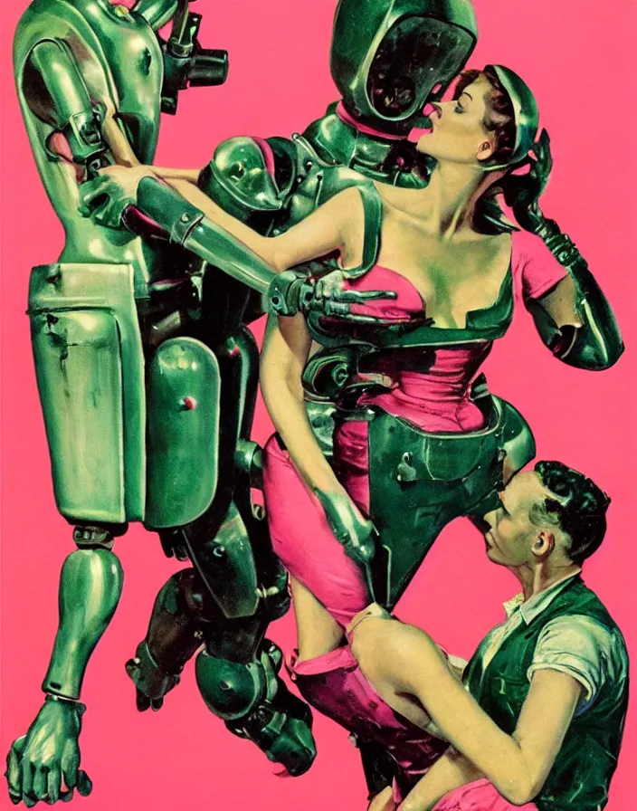 Prompt: a female housewife being hugged by a manly metal - suited robot 1 9 5 0 s horror film movie poster style norman rockwell oil painting, saturated pink and green lighting, shadowy lighting, cohesive