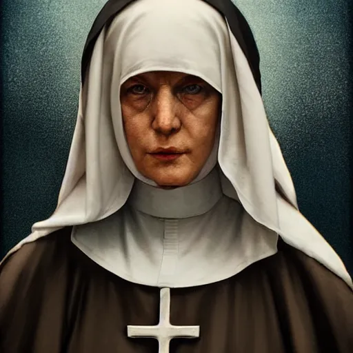 Prompt: an old nun, bishop, symmetric face, hyperrealism, epic fantasy digital art, fantasy style art, by Greg Rutkowski, fantasy magic the gathering card art style