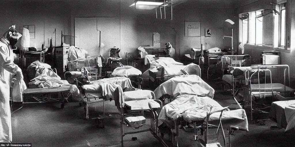 Image similar to An overcrowded disgusting hospital with bad standards, plague, bodies, horror movie, the outbreak can't be contained, 1950's