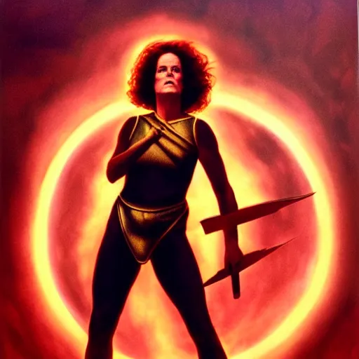 Image similar to Sigourney weaver as goddess Athena, full body, Flying in a Red clouded Sky, by Alex Ross, atmospheric lighting, painted, intricate, golden hour, ultra detailed