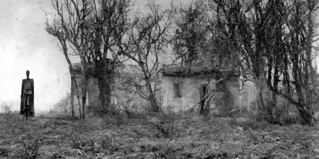 Image similar to scary unproportionable tall ghost creature in the middle of an abandoned village, 1900s picture