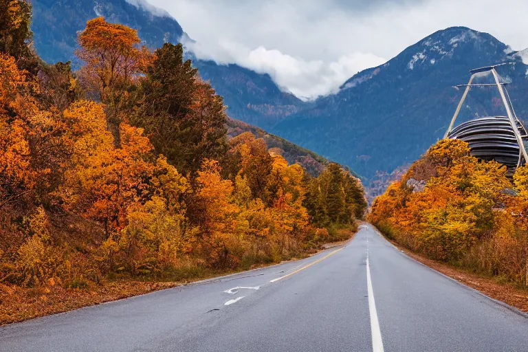 Prompt: a road with warehouses on either side, and an autumn mountain behind it with a radio tower on top. Lens compression, photography highly detailed