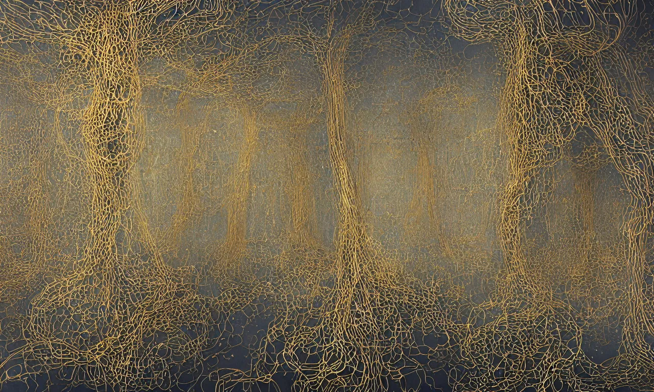 Prompt: A beautiful hyper realistic detailed painting of 2 gigantic tall quantum computers in the middle, gold and silver and brass interconnected like fungal hyphae mycelium, filigree and wire, satisfying cable management, by Beksinski, beeple, unreal engine, electronic art featured on artstation, singularity depicted by the artist