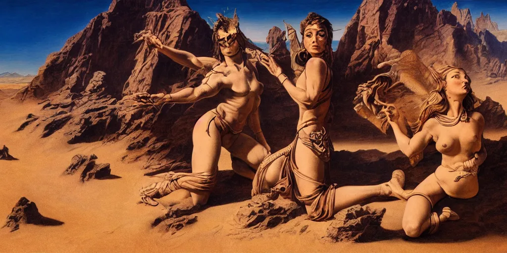 Image similar to peace of desert truth God Sand menace in the style of Frank Frazetta, Jeff Easley, Caravaggio, extremely clear and coherent, intricate and detailed, 8K resolution