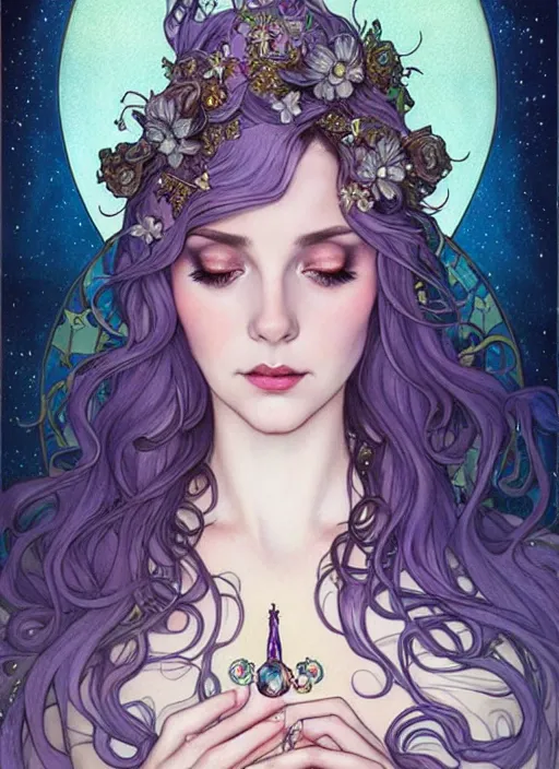 Image similar to fantastic portrait of a beautiftul witch with some shinny star, royally decorated crystal gemstones, symmetrical face, art nouveau, portrait, cute, fairy, by artgerm, kelly mckernan, charlie bowater, alphonse mucha, detailed background, artstation, intricate, elegant, highly detailed