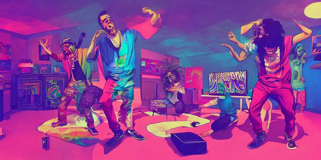 Prompt: friends rapping together in living room, party, epic pose, digital art, vaporwave, psychedelic, surreal, hip hop, trending on Artstation, professional artist, detailed, 4k