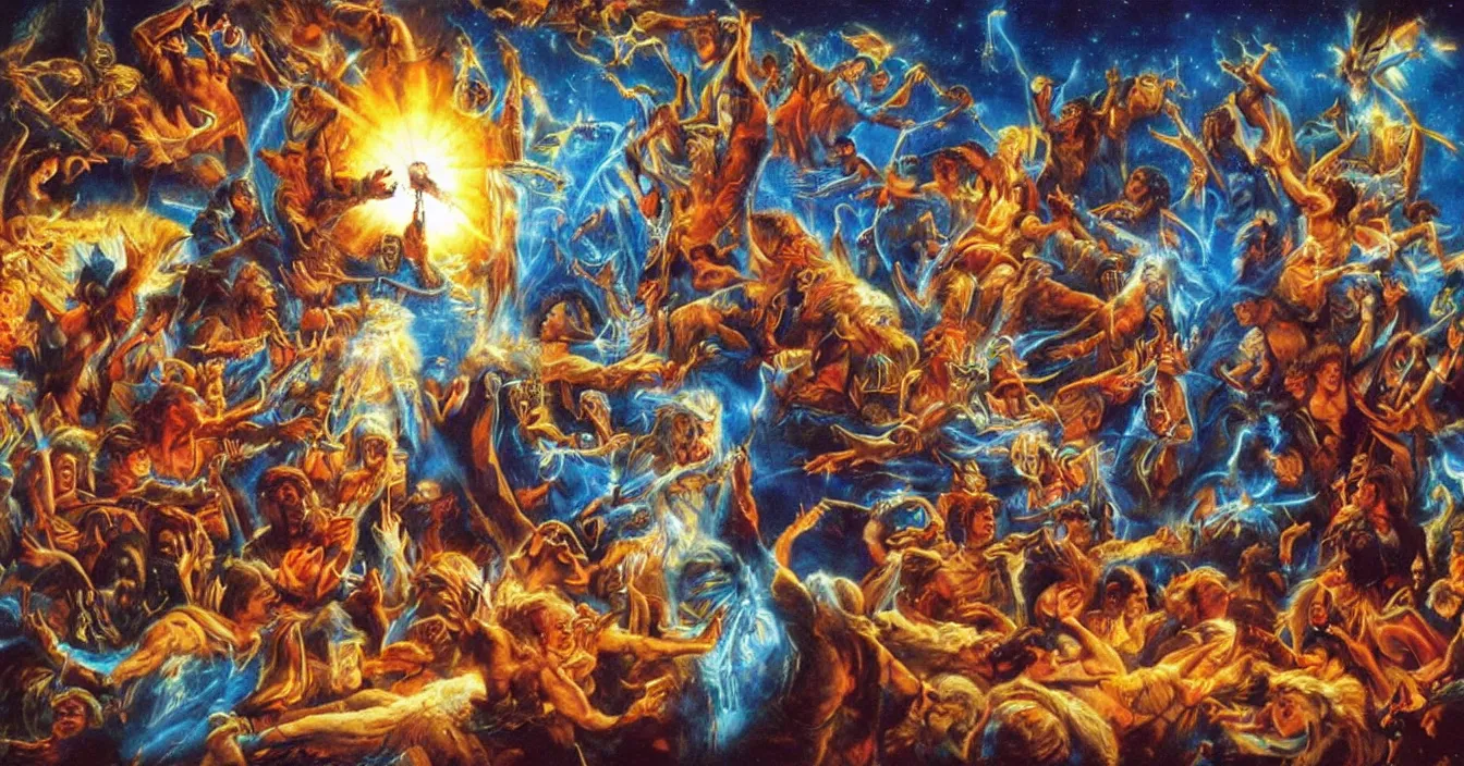 Prompt: human spirits sit in the cinema and watch very deeply the light of consciousness projecting their lives on the big wide screen, realistic image full of sense of spirituality, life meaning, meaining of physical reality, happy atmosphere, by Jeff Easley