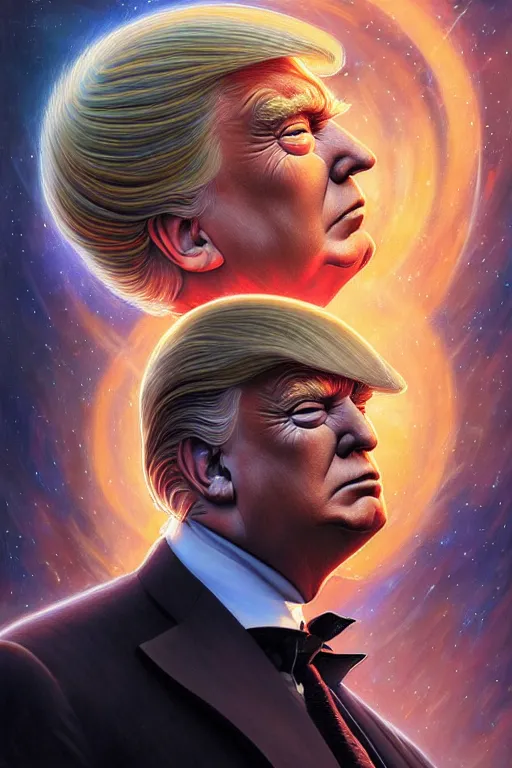 Image similar to a portrait of intergalactic donald trump, grim - lighting, high - contrast, intricate, elegant, highly detailed, centered, digital painting, artstation, concept art, smooth, sharp focus, illustration, artgerm, tomasz alen kopera, peter mohrbacher, donato giancola, joseph christian leyendecker, wlop, boris vallejo