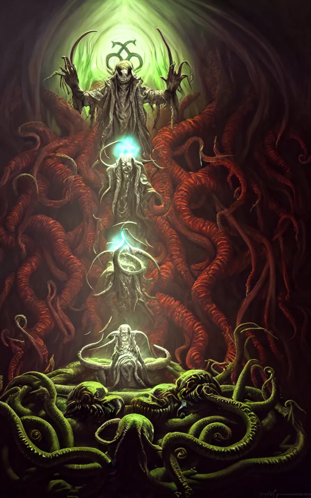 Image similar to hyperrealistic photorealisitc hyperdetailed detailed group circle of pope priest necromancer invoking a in front of a cthulhu, atmospheric lighting, painted, intricate, volumetric lighting, beautiful, rich deep colors masterpiece, sharp focus, ultra detailed by leesha hannigan, ross tran, thierry doizon, kai carpenter, ignacio fernandez rios