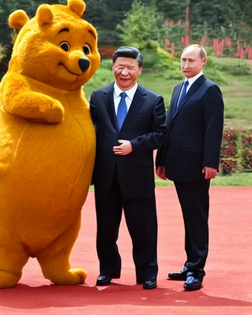 Image similar to movie still of president xi jinping starring as winnie the poo and vladimir putin as rabbit in live action winnie the poo movie, highly detailed, photorealistic