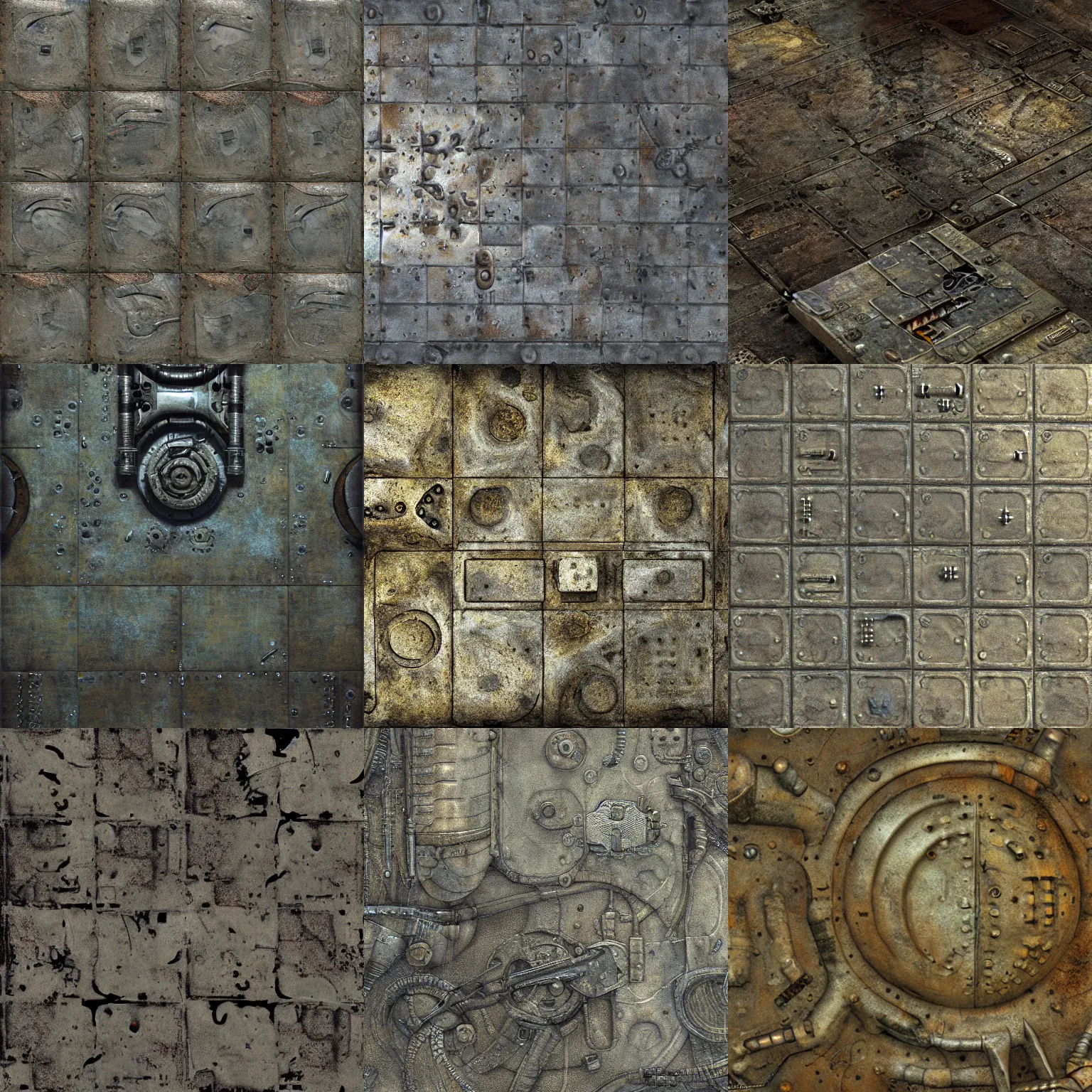 Prompt: flat texture, game asset, scifi, machinarium, giger, flat panels, diffuse texture, metal floor, seamless game texture, by dean cornwell, nc wyeth, painterly, 4 k, textures. com, high resolution