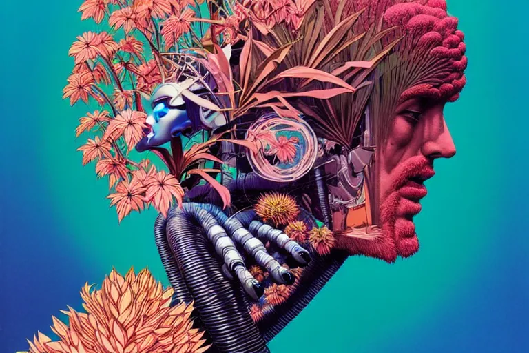 Image similar to gigantic robot head, a lot of exotic vegetation, trees, flowers by moebius, junji ito, tristan eaton, victo ngai, artgerm, rhads, ross draws, hyperrealism, intricate detailed, risograph