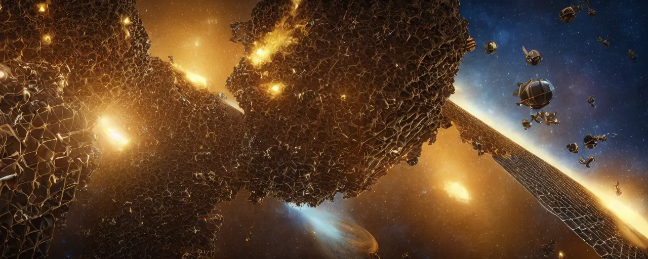 Prompt: movie still, wasp hive megastructure in space, unreal engine, octane render, detailed and intricate, global illumination, volumetric lighting, hubble telescope images, james webb telescope images, houdini fluid simulation, detailed and intricate environment