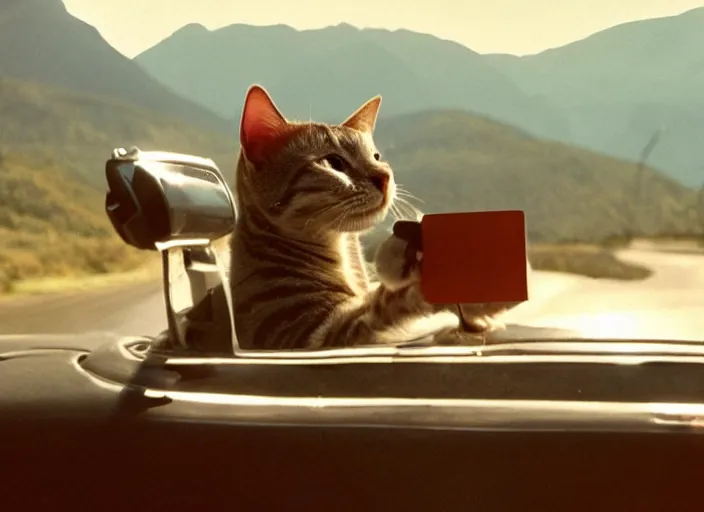 Image similar to A very high resolution image from a new movie, a cat driving a car around, inside of a car , mountains, Polaroid, directed by wes anderson