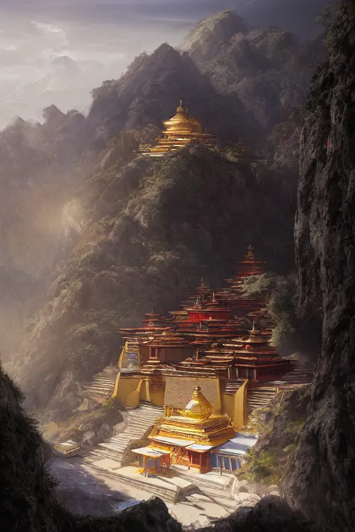 Image similar to inside a Tibetan monastery with a view at the edge of the cliff, powerfull, intricate, elegant, volumetric lighting, digital painting, highly detailed, artstation, sharp focus, illustration, concept art, ruan jia, steve mccurry