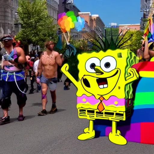 Image similar to spongebob in a pride parade caught on iPhone camera