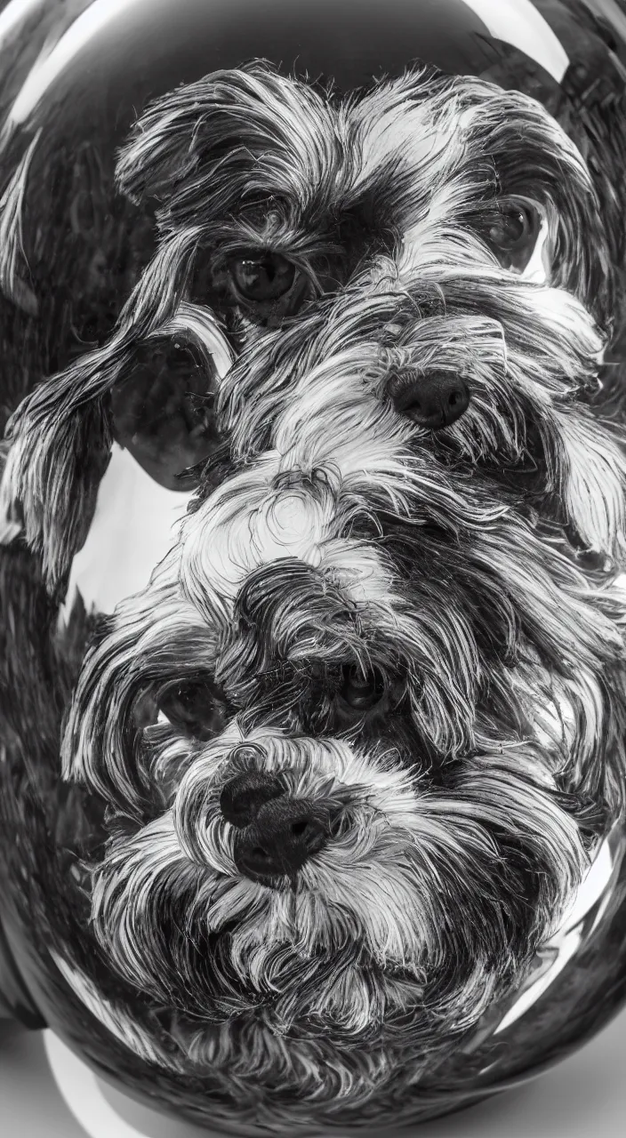 Image similar to self - portrait of one havanese dog reflected in a chrome sphere, ultra wide 1 0 mm, by m c escher pen and paper