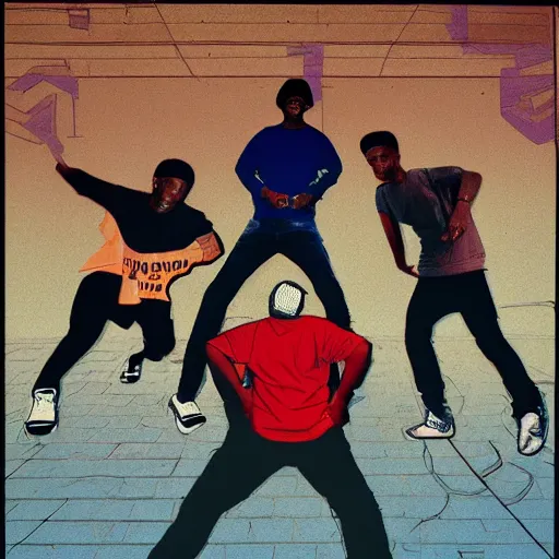 Image similar to four breakdancers battling in the bronx in 1984, by Andy Warhol, gritty, energetic, hyperrealistic, intricate, Moody lightning, trending on artstation