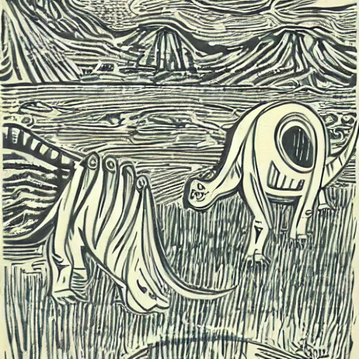 Image similar to dinosaurs by Edward Bawden, linocut