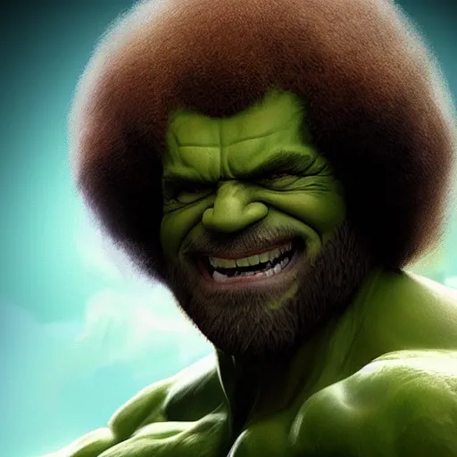 Image similar to photomanipulation of BOB ROSS as hulk with human flesh, marvel, fully detailed, volumetric lightening, octane render