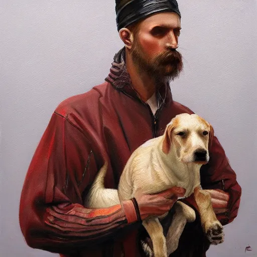 Prompt: full-length Slavic man with the head of a dog, oil painting, hyperrealism, beautiful, high resolution, trending on artstation,