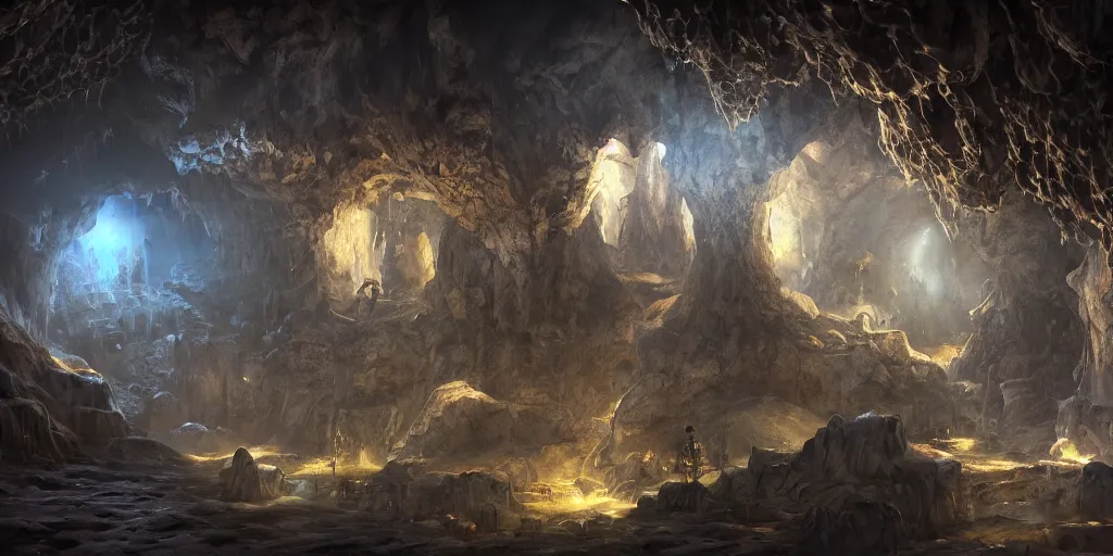 Image similar to fantasy matte painting of a cave with huge glowing crystals in the walls and piles of bones on the floor, fantasy, sharp focus, artstation